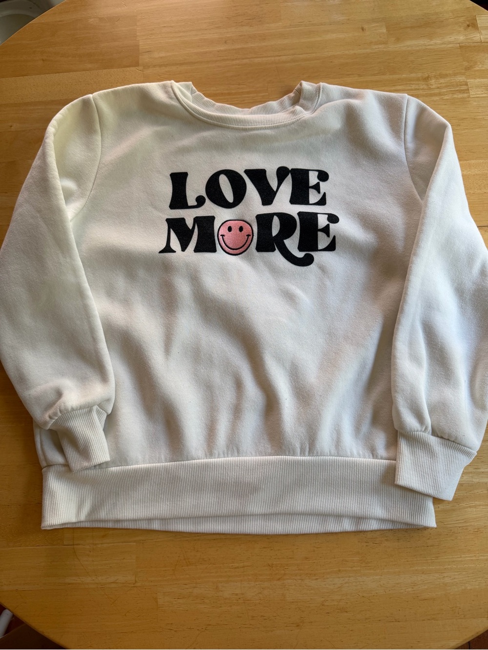 Bobbie Brooks White Sweatshirt with Black "LOVE MORE" and Pink Smiley